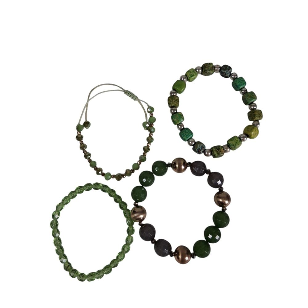 Bundle Lot of 4 Shades of Green Beaded Assorted Stack Stretch Fashion Bracelets